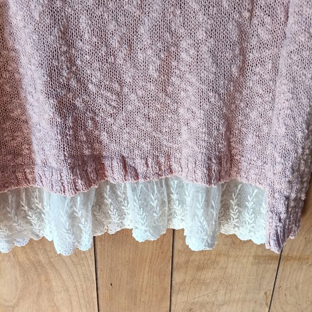 Oh MG! Womens XL Pink Eyelash Knit Sweater Lace Hem Soft Cozy Boutique Pullover - Picture 3 of 6